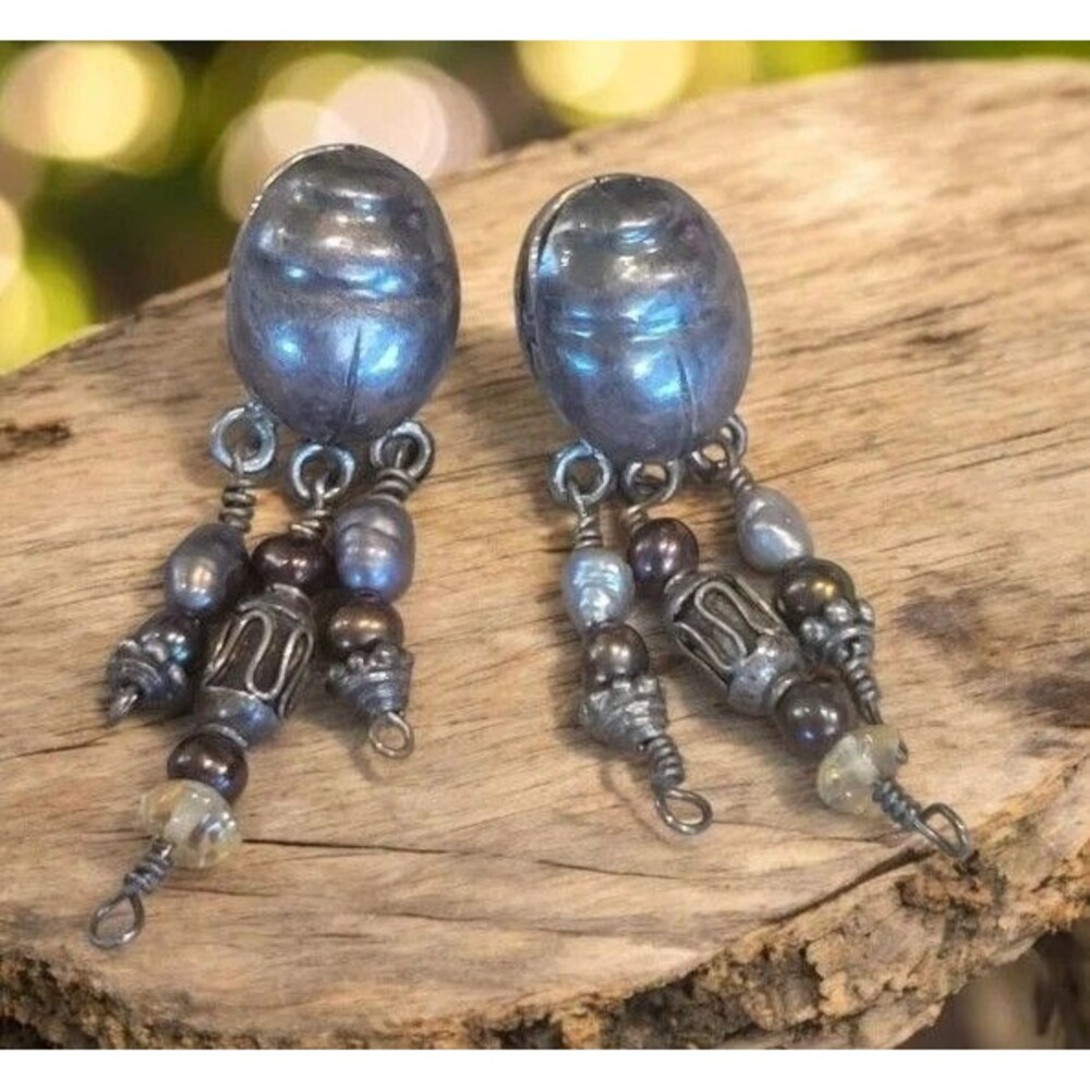 Rare Egyptian Revival Sterling Silver Scarab 925 w/ Freshwater pearl dangles